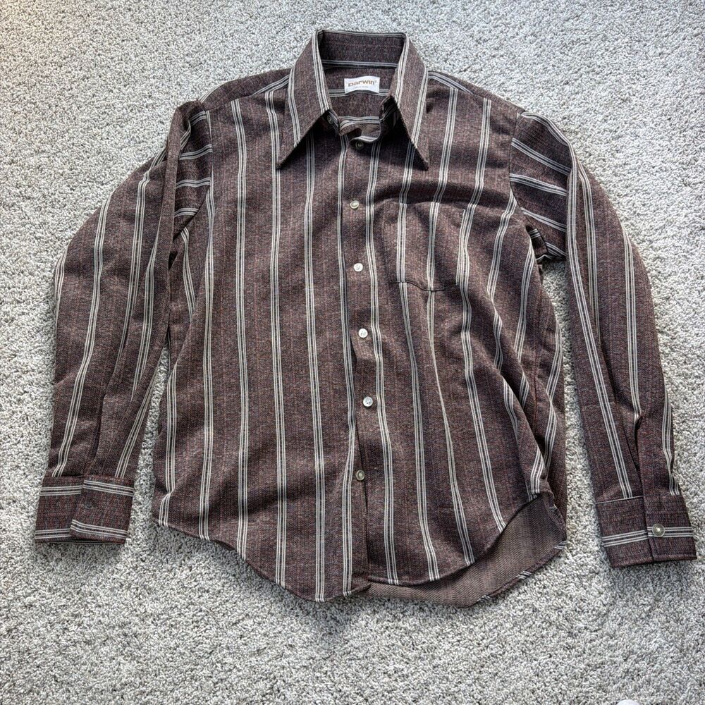 VTG 70s Darwin Men's L Light Striped Dagger Collar Shirt 100% Polyester Disco